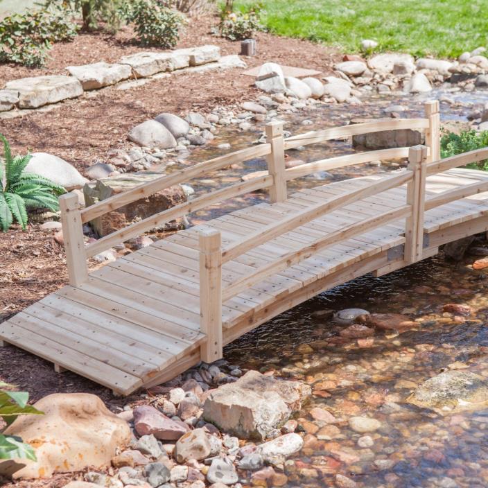 Natural Finish Wood 12 Foot Garden Bridge Outdoor Yard Lawn Landscaping Decor