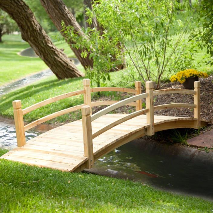 Natural Finish Wood 8 Foot Garden Bridge Outdoor Yard Lawn Landscaping Decor