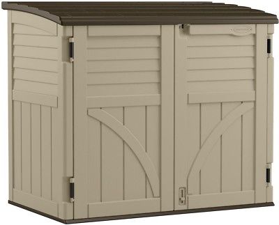 Suncast Storage Shed Horizontal Durable Double Door Plastic Resin Brown Tan