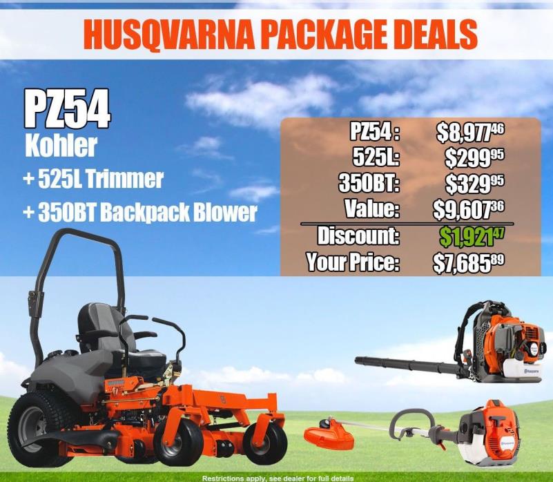 Husqvarna PZ 54 Zero Turn Mower W/ 525L Trimmer and 350BT Back Pack Blower- FREE