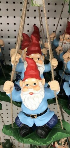 Garden Gnome Swinging On Leaf With Blue Shirt And Red Hat 5” Tall