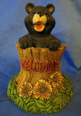 Small “Welcome” Black Bear in Tree Trunk Indoor Home Outdoor Patio Decor