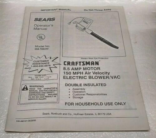 Craftsman 358.798340 Electric Leaf Blower Vac Replacement Operators Manual ONLY