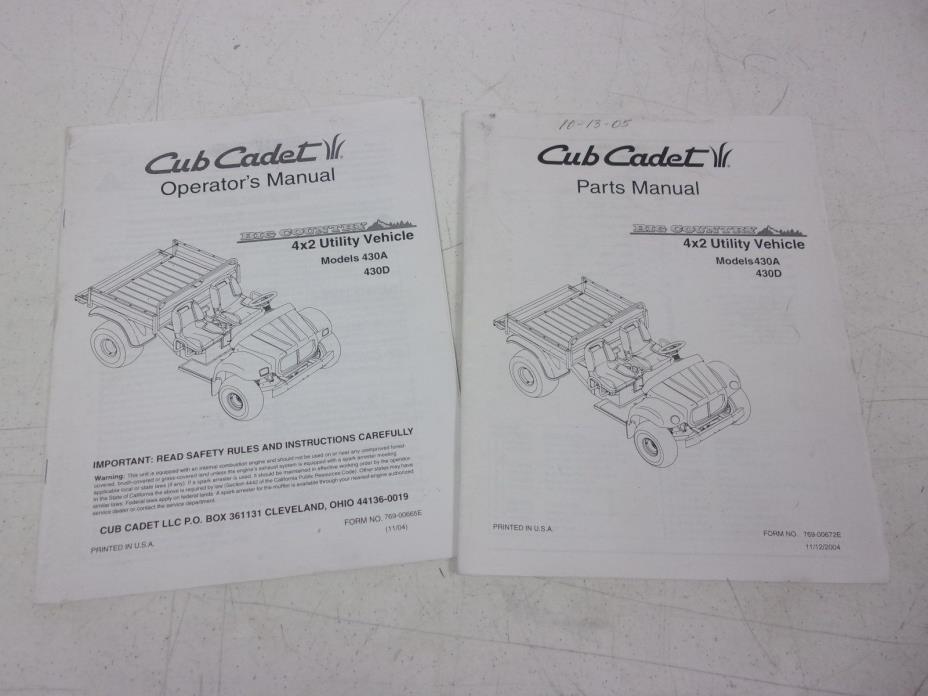 CUB CADET PARTS & OWNERS MANUAL mODEL 430A 430D