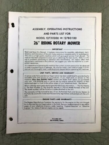 AMF 26” RIDING ROTARY MOWER ASSEMBLY OPERATING PARTS LIST 12720200 or 12780100