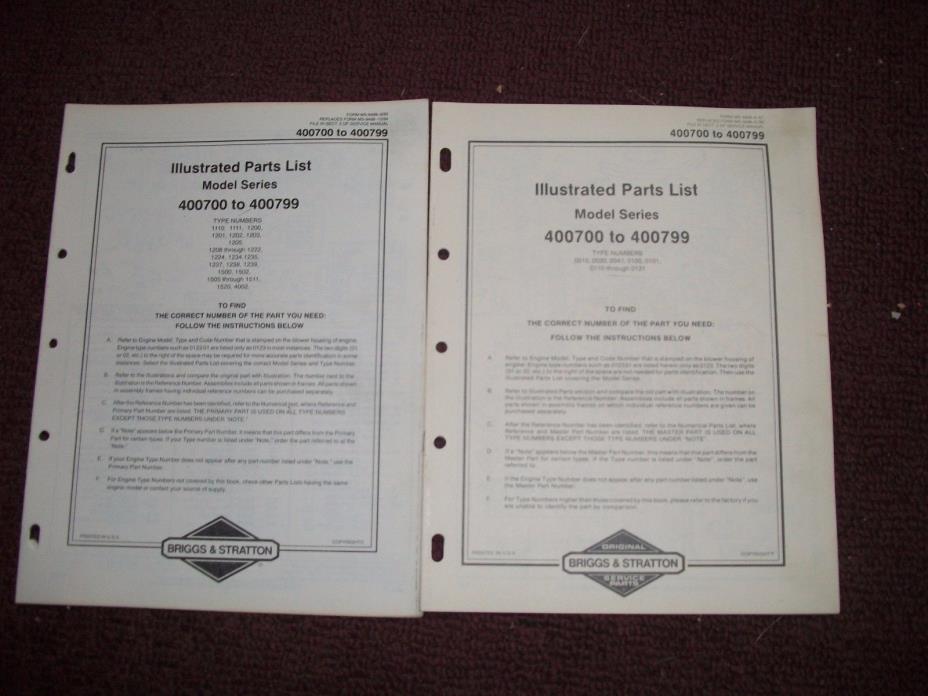 2 Briggs & Stratton Illustrated parts listS  MODEL 400700 TO 400799  6/87 & 6/95