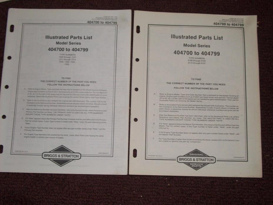 2 Briggs & Stratton Illustrated parts listS  MODEL 404700 TO 404799 6/87 & 8/93