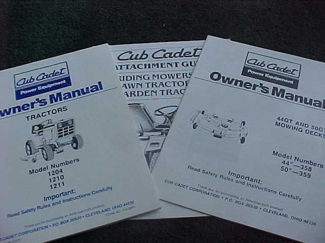 3 Cub Cadet tractor owner's manuals 1204 + mower decks + attachment guide