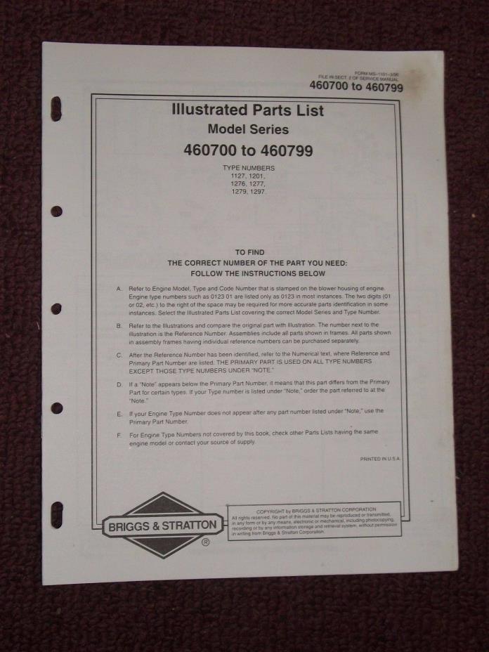 Briggs & Stratton Illustrated parts list  MODEL 460700 TO 460799
