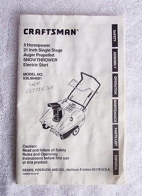 Craftsman 536.884681 Snow Thrower OEM Owner's Manual Includes Parts List