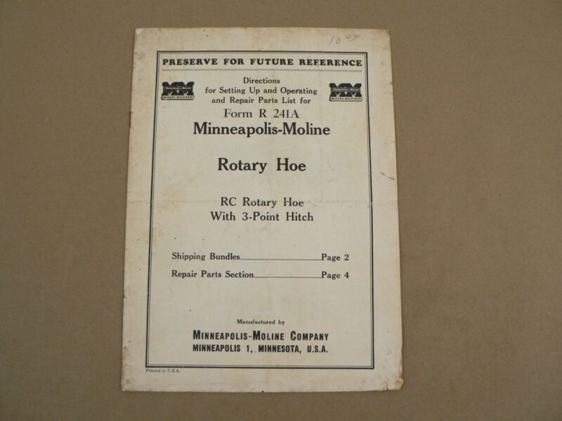 Minneapolis Moline Rotary Hoe RC Owners Manual Repair Parts List Catolog Vintage