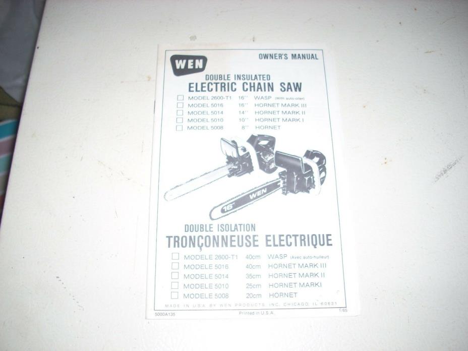 Vintage Owner's Manual WEN Electric Chain Saw Models 8