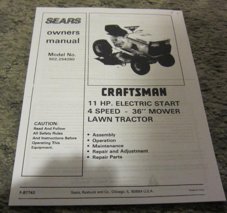 Sears Craftsman lawn tractor owner's manual 11hp 4 speed 36
