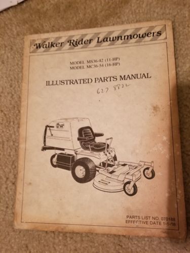 Walker Rider Lawnmowers Illustrated Parts Manual 1988