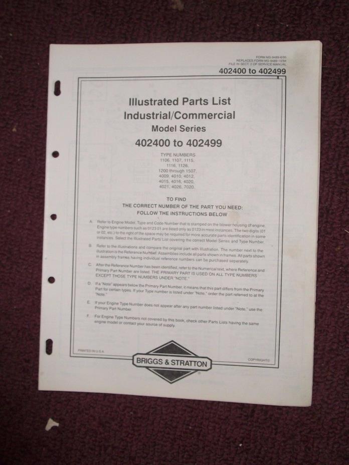 Briggs & Stratton Illustrated parts list MODEL 402400-402499 FORM MS-9489-6/95