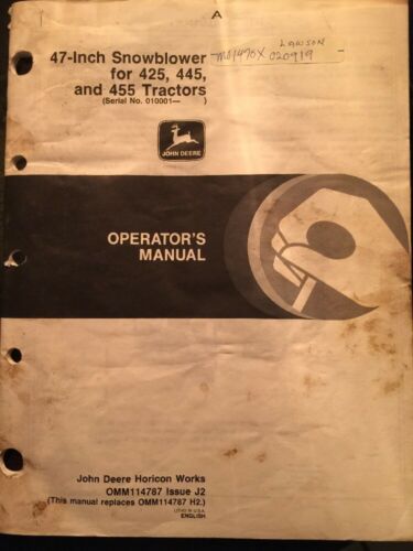 47-inch Showblower For 425,445,455, Operators Manual John Deere