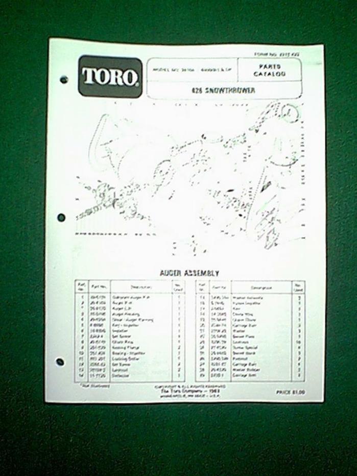 TORO 826 SNOWTHROWER SNOWBLOWER MODEL # 38150 - 4000001 & UP PARTS MANUAL 1983