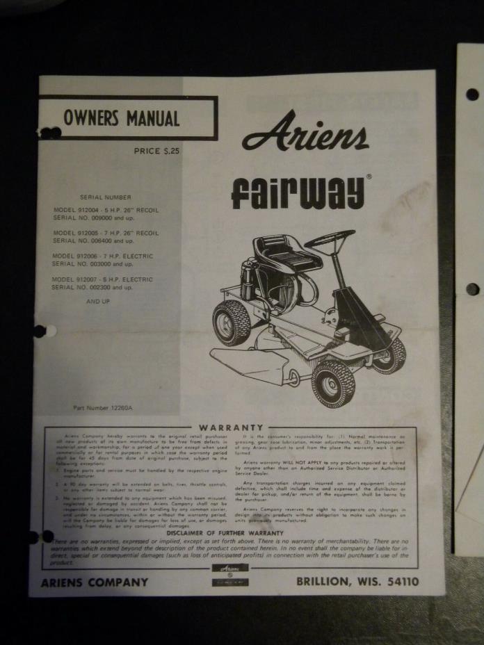 Ariens Fairway Mower Owners Manual 912004, 912005, 912006, Part 12260A