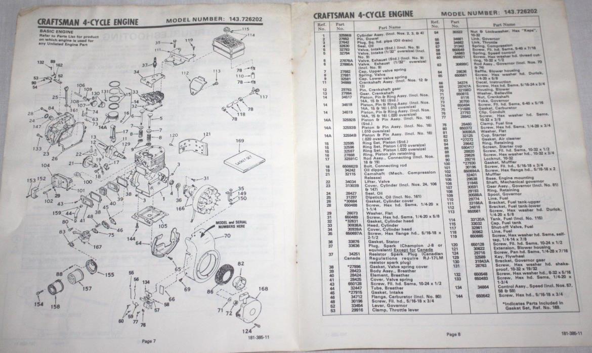 Sears Craftsman Engine Owner's Manual, Model 143.726202, 1982 vintage