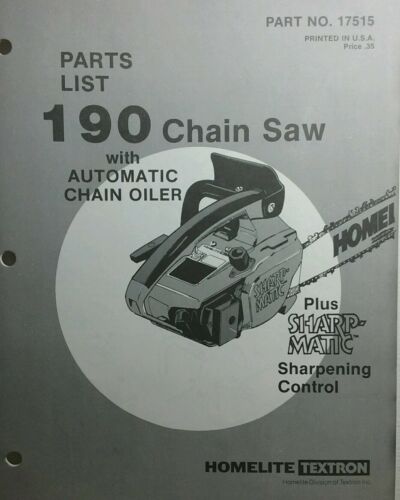 Homelite 190 w/ auto oiler plus Sharp-Matic  Chain Saw Parts Manual 8pg Chainsaw