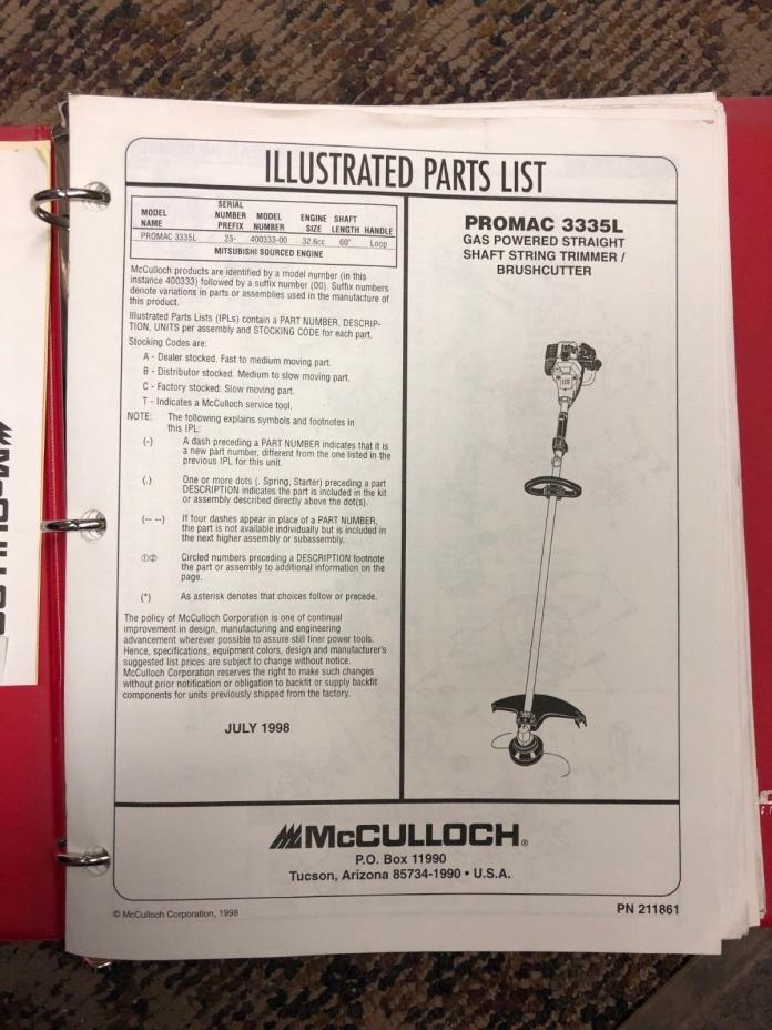 McCulloch String Trimmer ProMac Chainsaws Toro Wheel Horse Parts Lists & Manuals