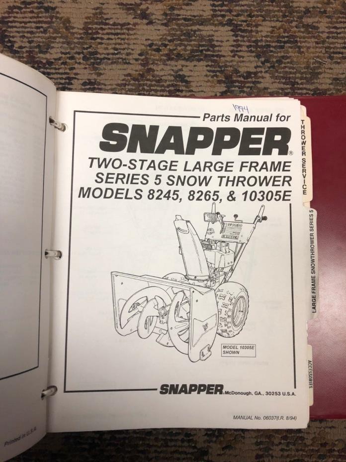 Snapper Two Stage Stage Snow Thrower Series 5 Models 8245 & Others Parts Manual
