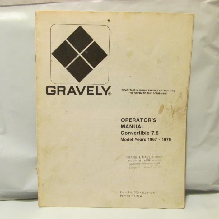 Gravely Tractor Convertible 7.6 1967-1976 Operators Owners Manual 200-42L2