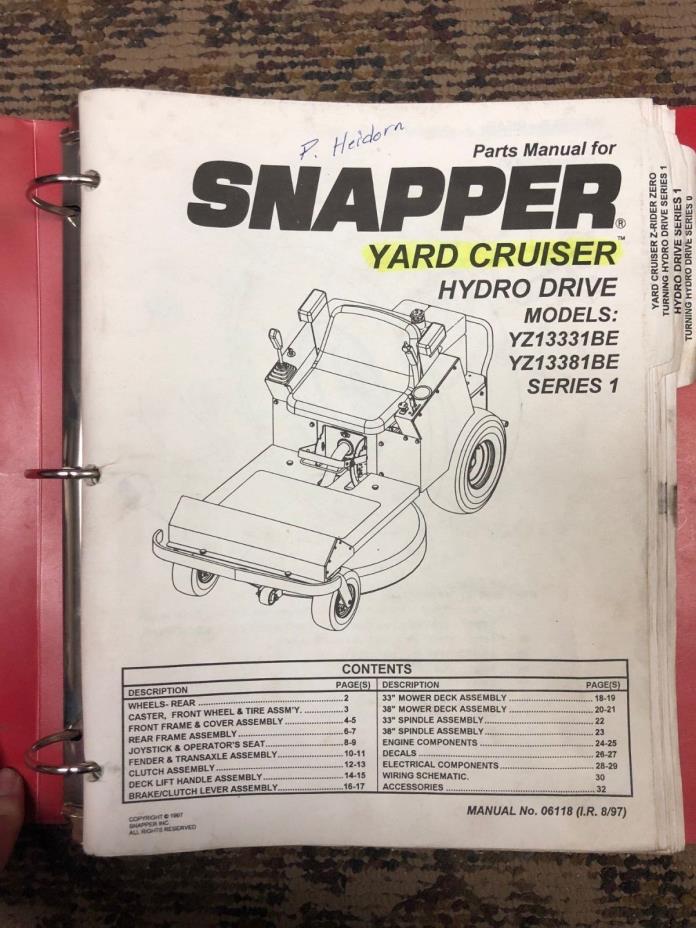 HUGE book of Snapper Yard Cruiser Riding Mower Parts and Service Manuals