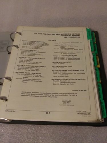 John Deere R70 R72 R92 S80 S82 S92 Technical Manual TM1290 In Original Binder