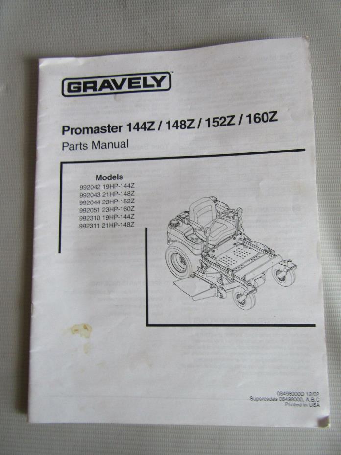 GRAVELY PROMASTER MODELS 144Z / 148Z / 152Z / 160Z 19 HP - 21 HP  PARTS MANUAL