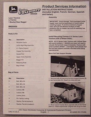 JOHN DEERE INSTALLATION INSTRUCTIONS FOR LX LAWN TRACTORS 7-BUSHEL REAR BAGGER
