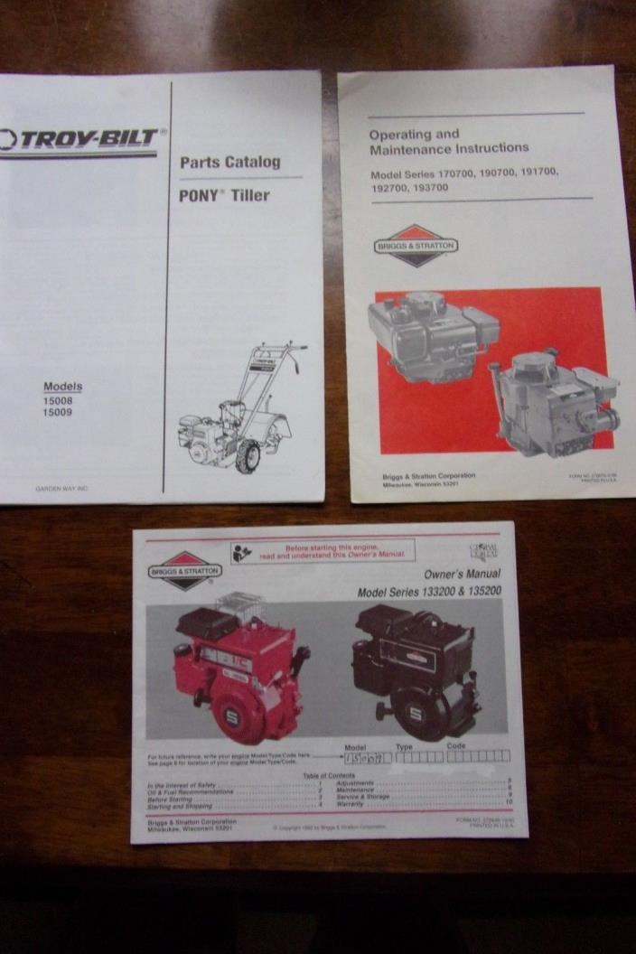 Troy-Bilt Pony Tiller Parts Catalog 15008 15009 + Briggs & Stratton Instructions