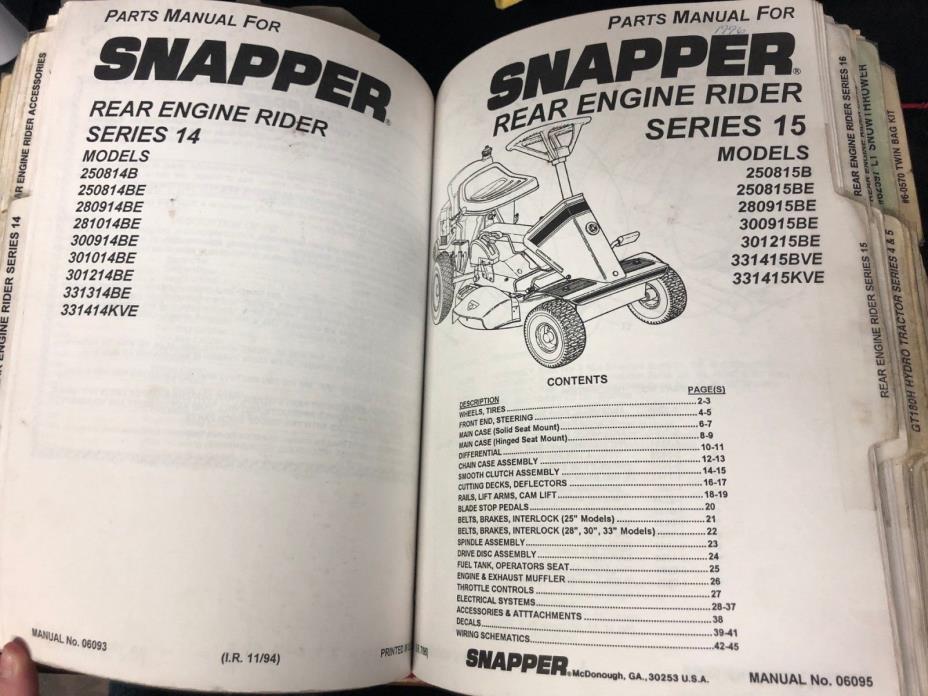 HUGE book of Snapper RER Rear Engine Rider Parts and Service Manuals Snow Throw
