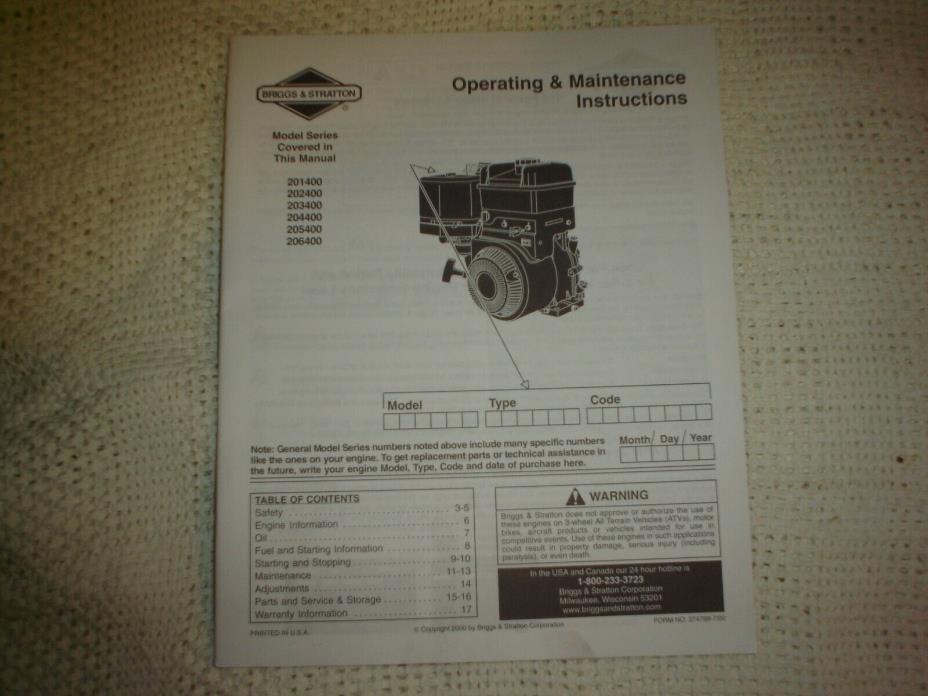 Briggs& Stratton Small Engine Owner's Manual ORIGINAL OEM 201400 202400 203400
