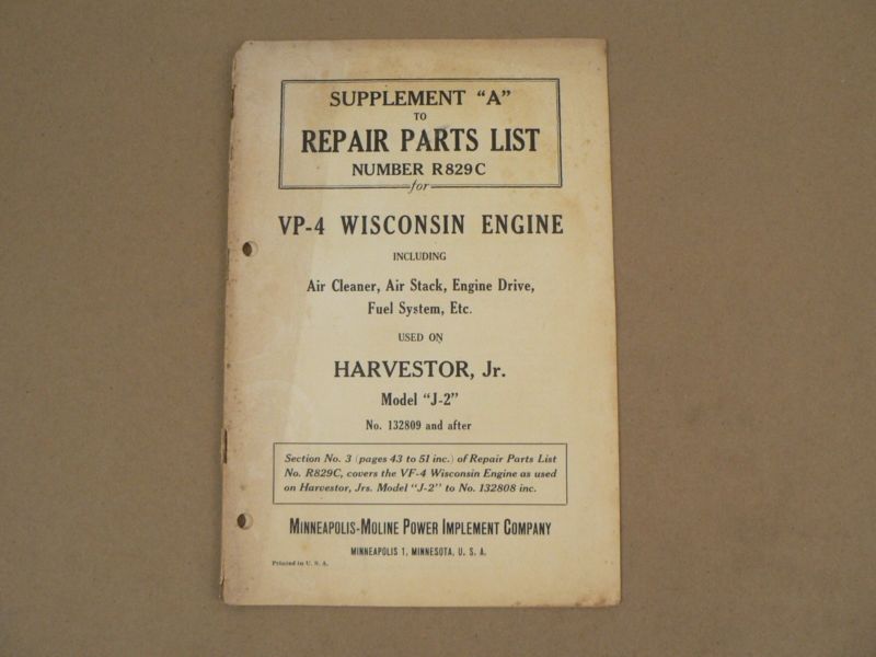 Minneapolis Moline VP-4 Wisconsin Engine Service Repair Parts List Catalog VTG