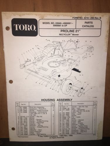 Toro Proline Mower 21” Recycler Mower Parts Catalog 1995