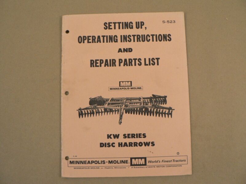 Minneapolis Moline KW Disc Harrows Owners Manual Set Up Repair Parts List 1968