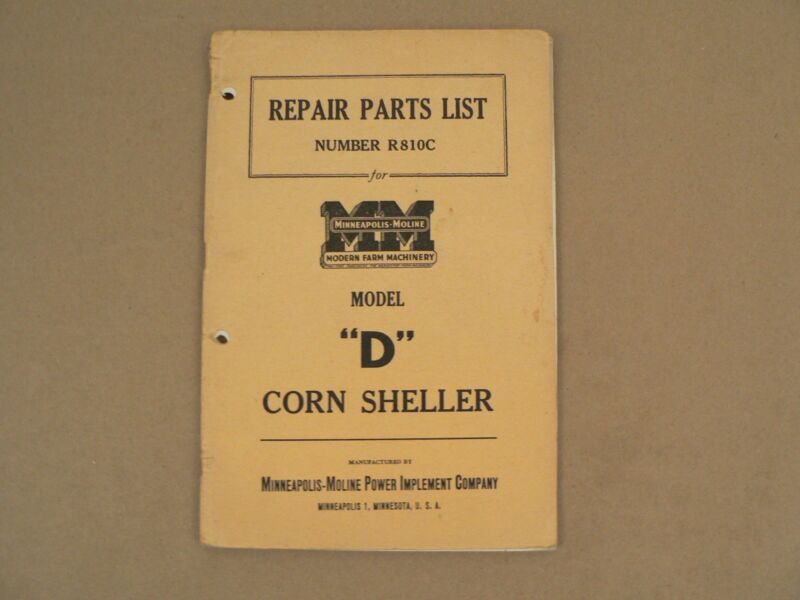 Minneapolis Moline Model D Corn Sheller Service Repair Parts List Catalog VTG