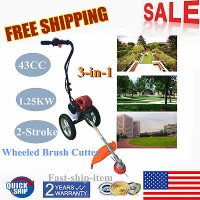 3-in-1 43ccHand Push Gasoline Wheeled String Trimmer Mower Adjustable Air Cooled