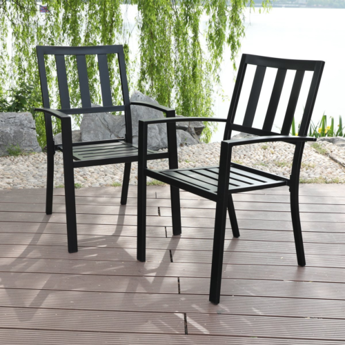 PHI VILLA Outdoor Patio Steel Slat Seat Dining Arm Chairs Set of 2 for Room