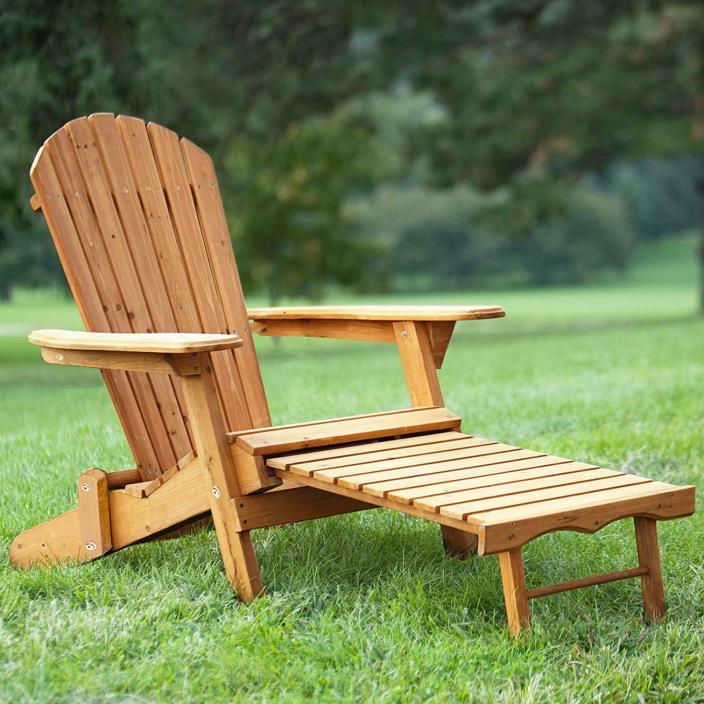 FDW Outdoor Wood Adirondack Chair Foldable w/Pull Out Ottoman Patio Furniture