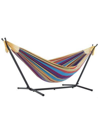 Vivere Double Hammock with Space-Saving Steel Stand, Tropical