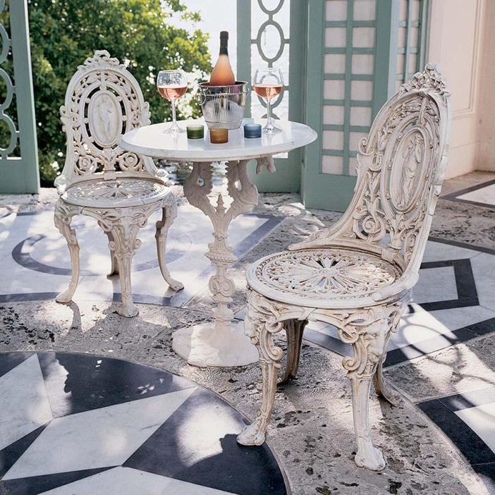 PATIO SET Cast Iron Bistro Style Cream Color Marble Top Dragon Table & Chairs