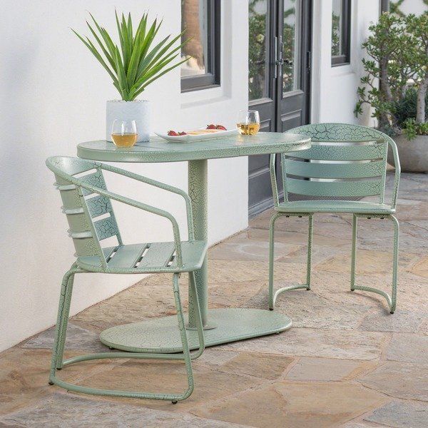 3-Piece Oval Bistro Chat Set Contemporary Crackle Green Patio Furniture