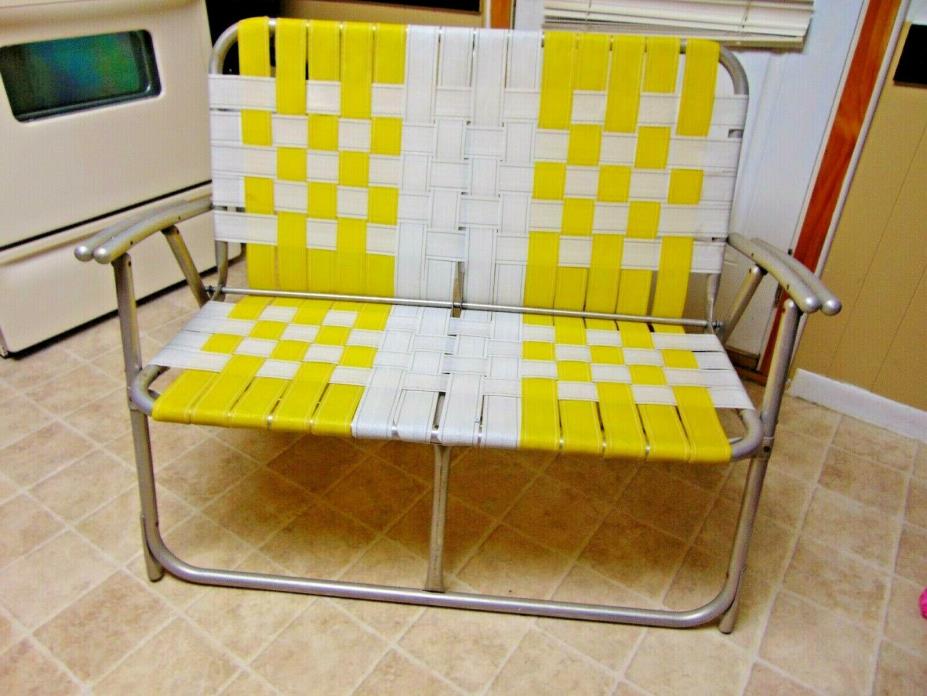 Vintage Aluminum Folding Loveseat Lawn Chair Webbed Yellow / White