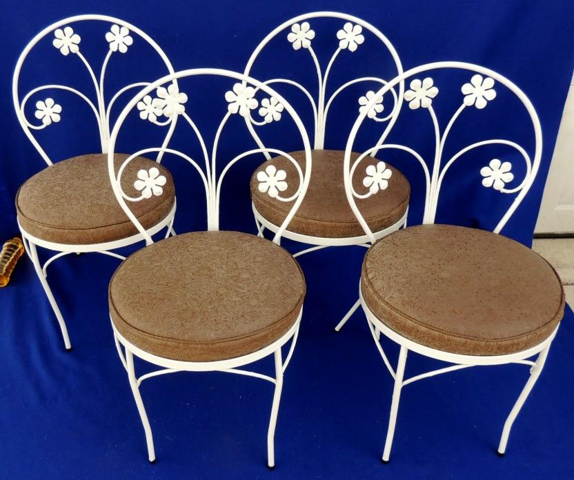 Vintage Mid Century Set 4 White Wrought Iron FLOWER Vinyl Seat Patio Chairs