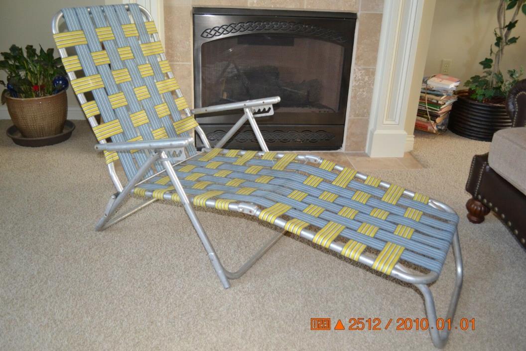 Vintage Aluminum Webbed BLUE & YELLOW Folding Lawn Chaise Lounge Chair
