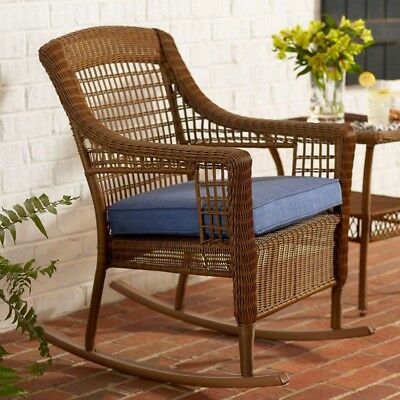 Hampton Bay Spring Haven Brown All-Weather Wicker Patio Rocking Chair Sky Blue