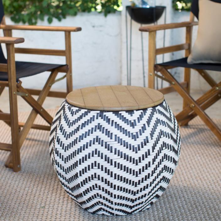 Modern Global Geometric Brown White Resin Wicker Patio Side Table With Storage