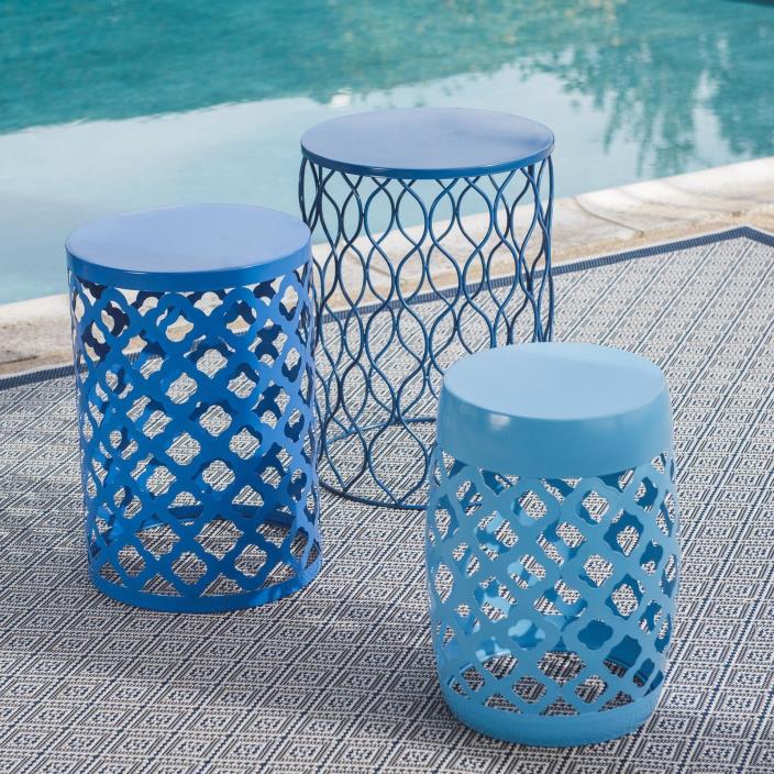 Set of 3 Modern Geometric Blue Metal Patio Side Tables Garden Stools Accent